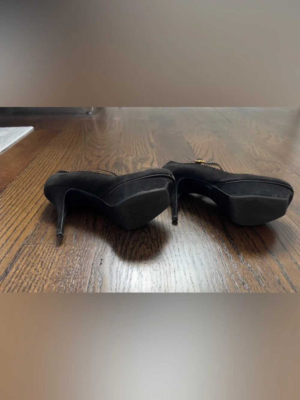 Authentic Saint Laurent Black Suede Mary Jane Heels with Gold Interior - Picture 4 of 4